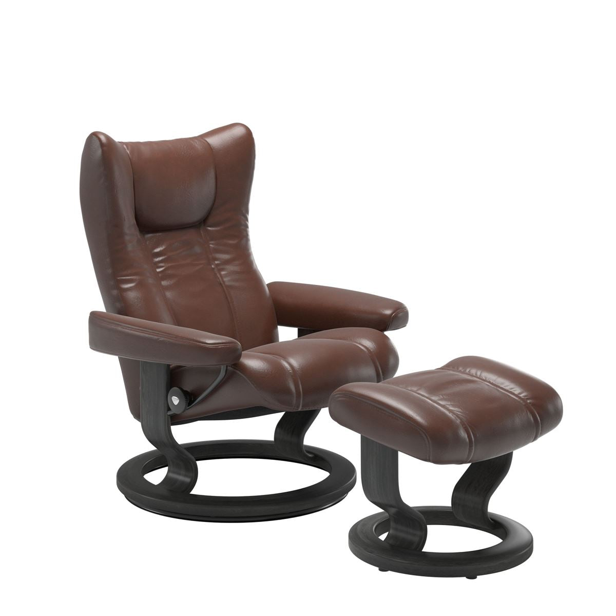Stressless Wing Small Recliner in Paloma pioneer dark brown and Ottoman with Classic Base in grey