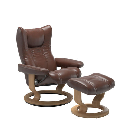 Stressless Wing Small Recliner in Paloma pioneer dark brown and Ottoman with Classic Base in oak