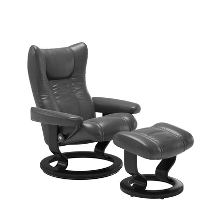 Stressless Wing Small Recliner in Paloma pioneer grey and Ottoman with Classic Base in black
