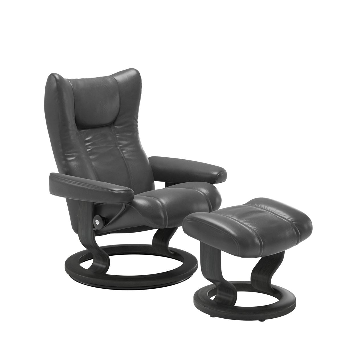 Stressless Wing Small Recliner in Paloma pioneer grey and Ottoman with Classic Base in grey
