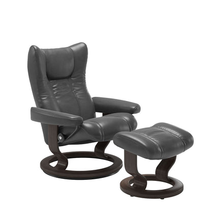 Stressless Wing Small Recliner in Paloma pioneer grey and Ottoman with Classic Base in wenge