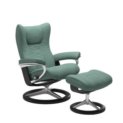Stressless Wing Small Recliner in Paloma aqua green and Ottoman with Classic Base in black