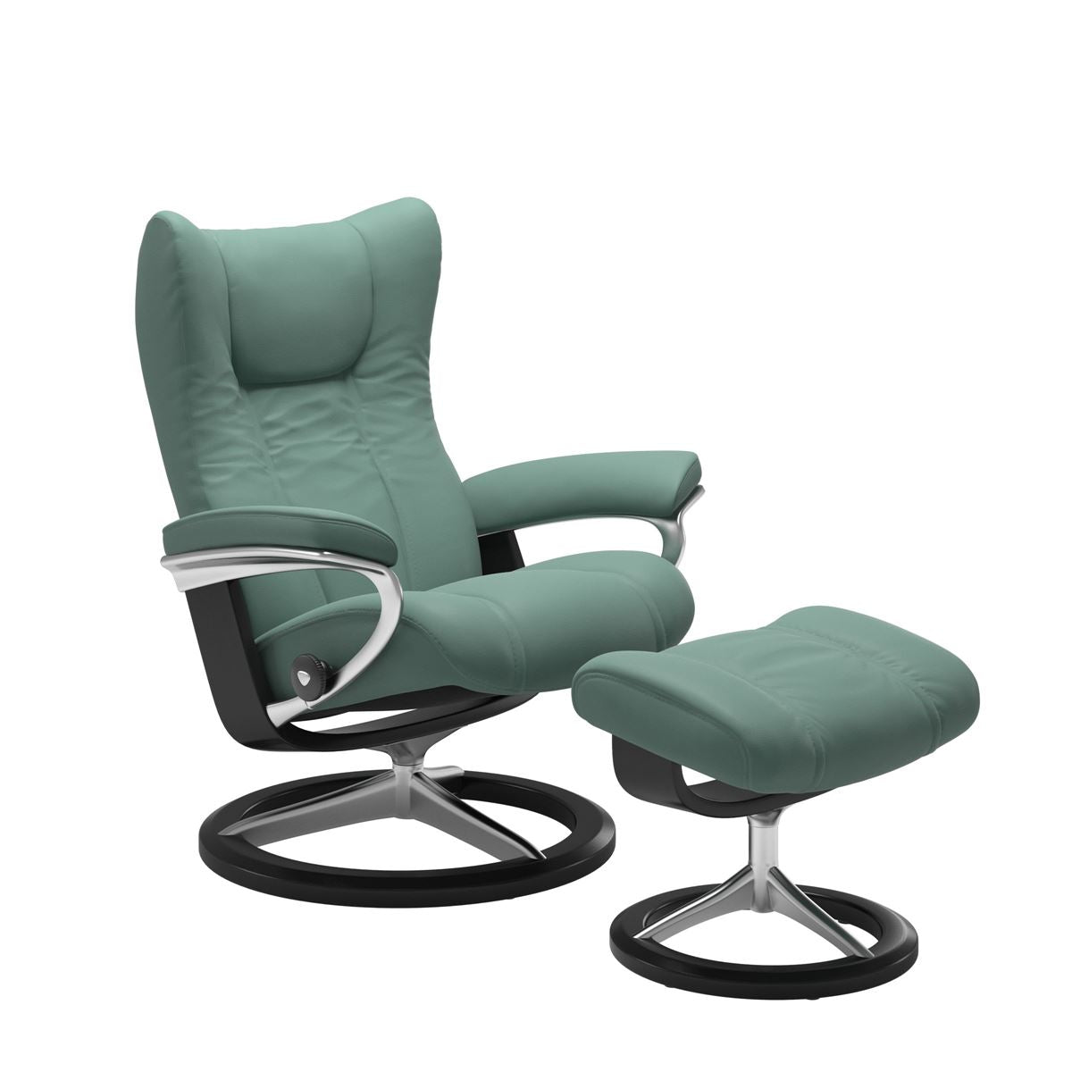 Modern reclining chair with matching ottoman, featuring black upholstery, black wood and metal accents. 