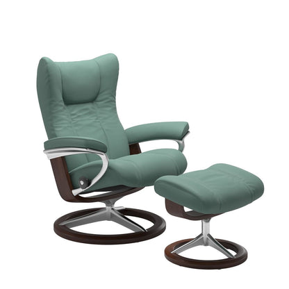 Stressless Wing Small Recliner in Paloma aqua green and Ottoman with Classic Base in brown