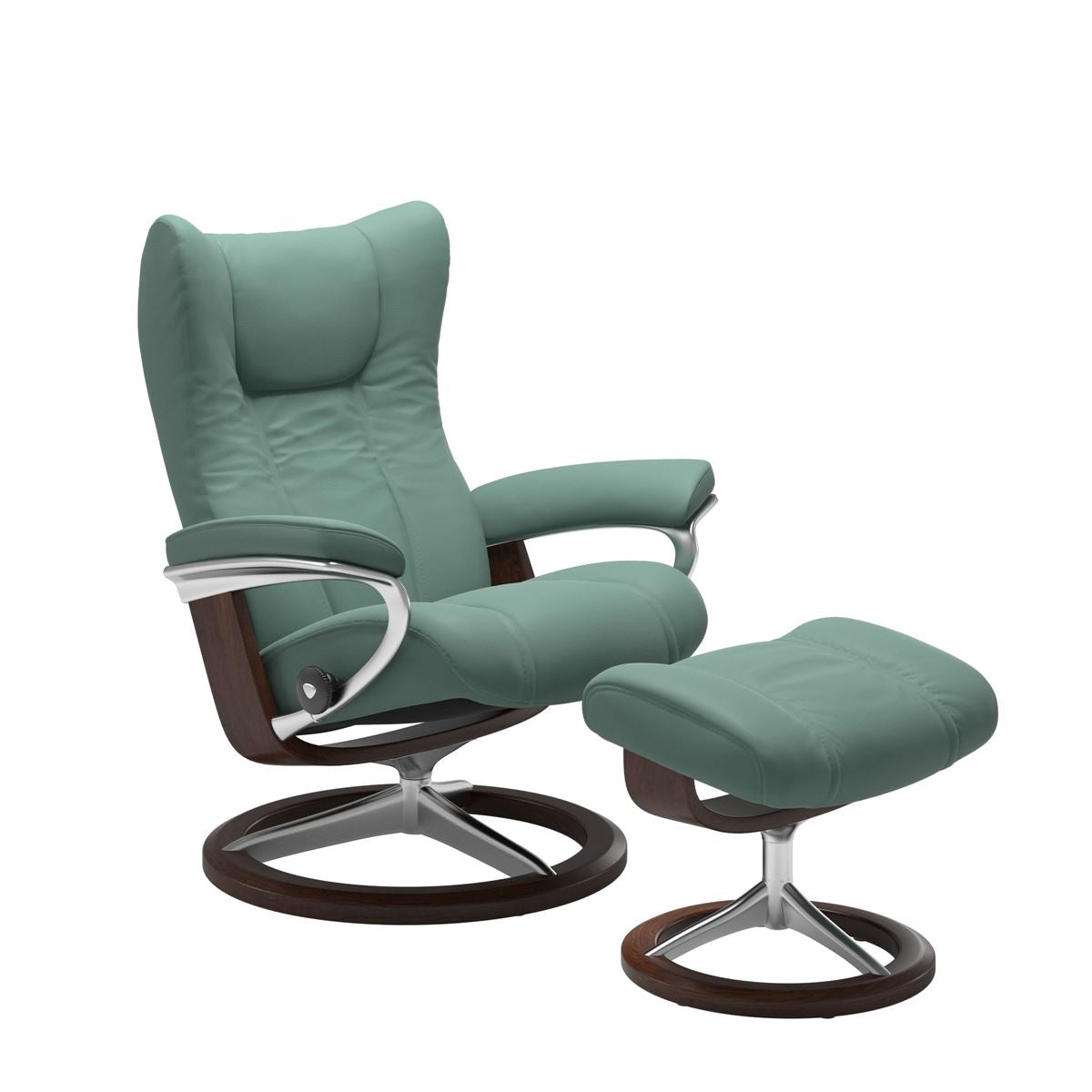 Modern reclining chair with matching ottoman, featuring aqua green upholstery, brown wood and metal accents. 