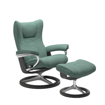 Stressless Wing Small Recliner in Paloma aqua green and Ottoman with Classic Base in grey