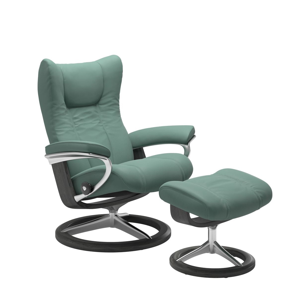 Modern reclining chair with matching ottoman, featuring aqua green upholstery, grey wood and metal accents. 