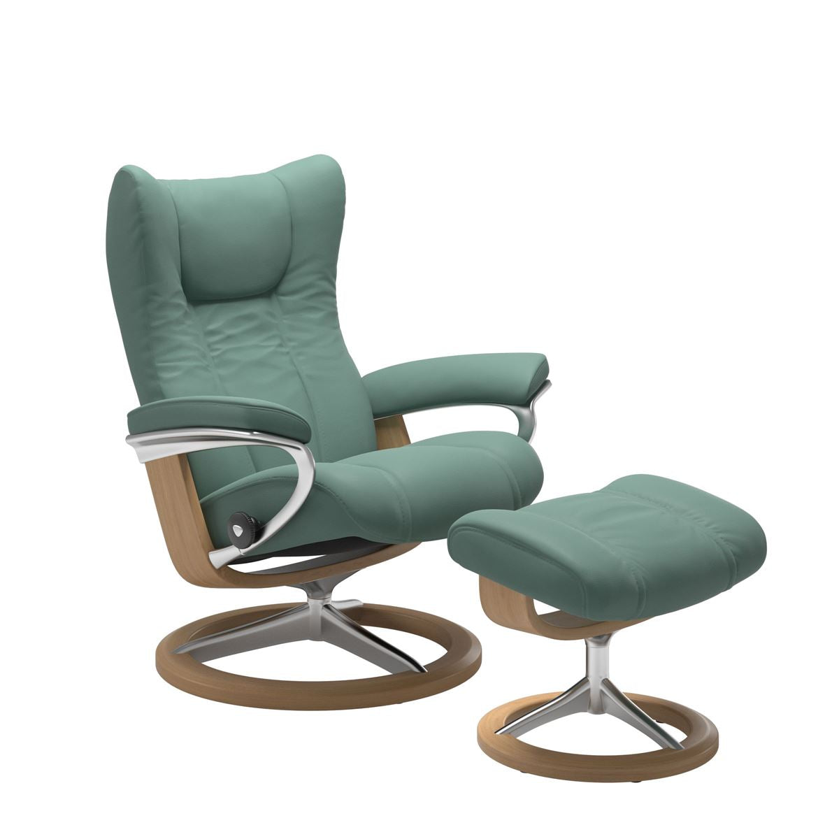 Modern reclining chair with matching ottoman, featuring aqua green upholstery, oak wood and metal accents. 