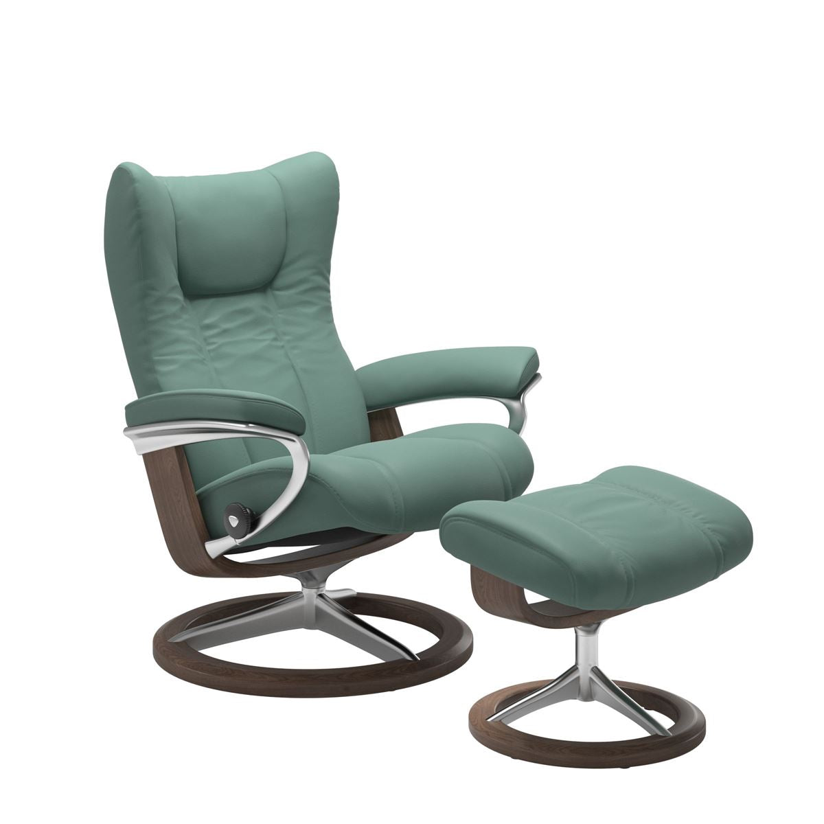 Modern reclining chair with matching ottoman, featuring aqua green upholstery, walnut wood and metal accents. 