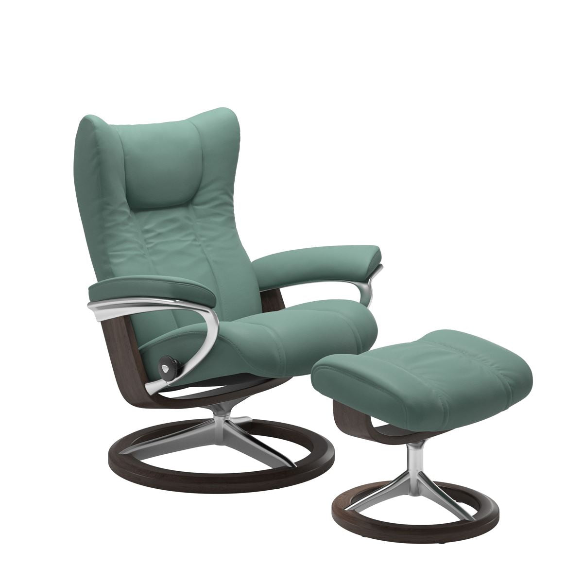 Modern reclining chair with matching ottoman, featuring aqua green upholstery, wenge wood and metal accents. 