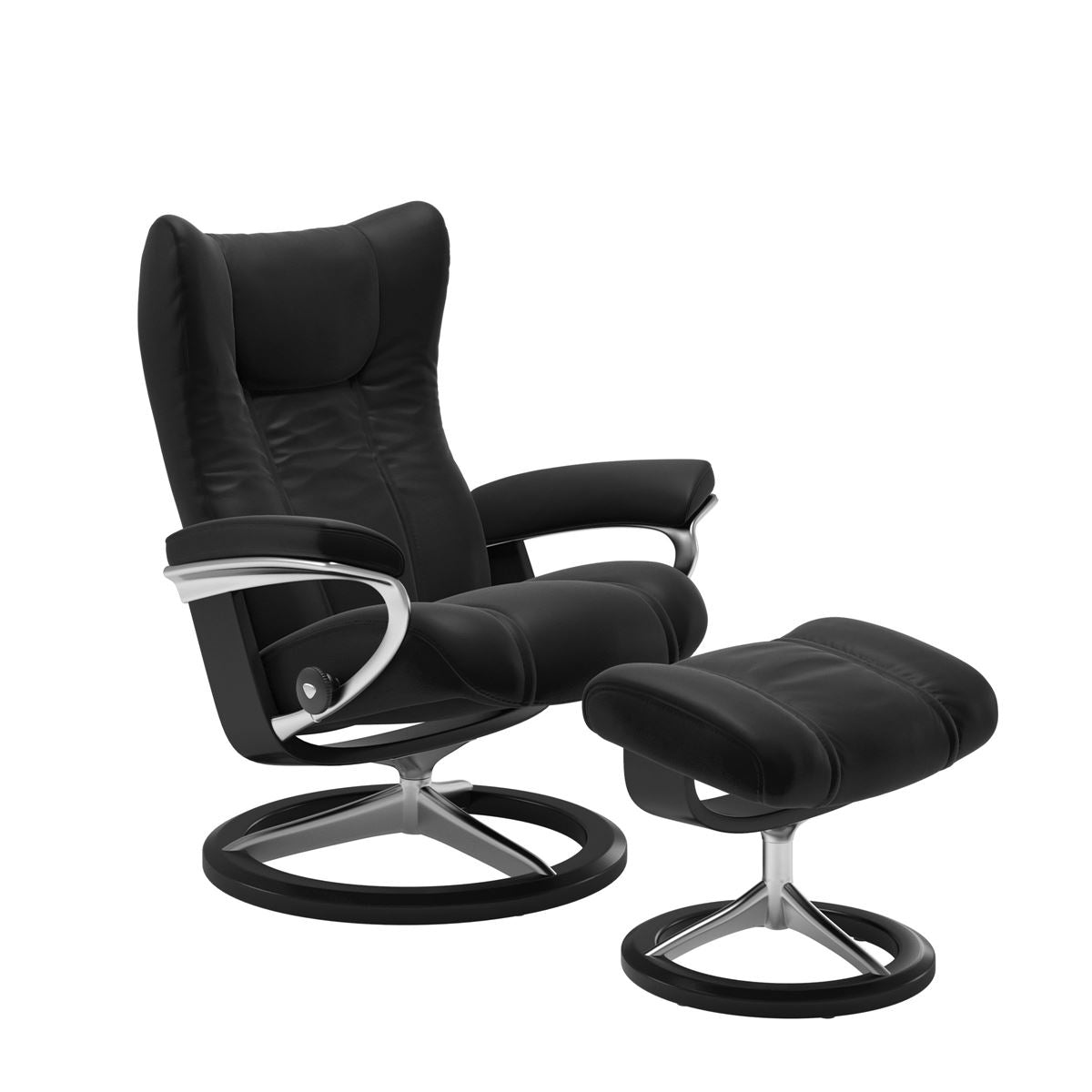 Modern reclining chair with matching ottoman, featuring black upholstery, black wood and metal accents. 