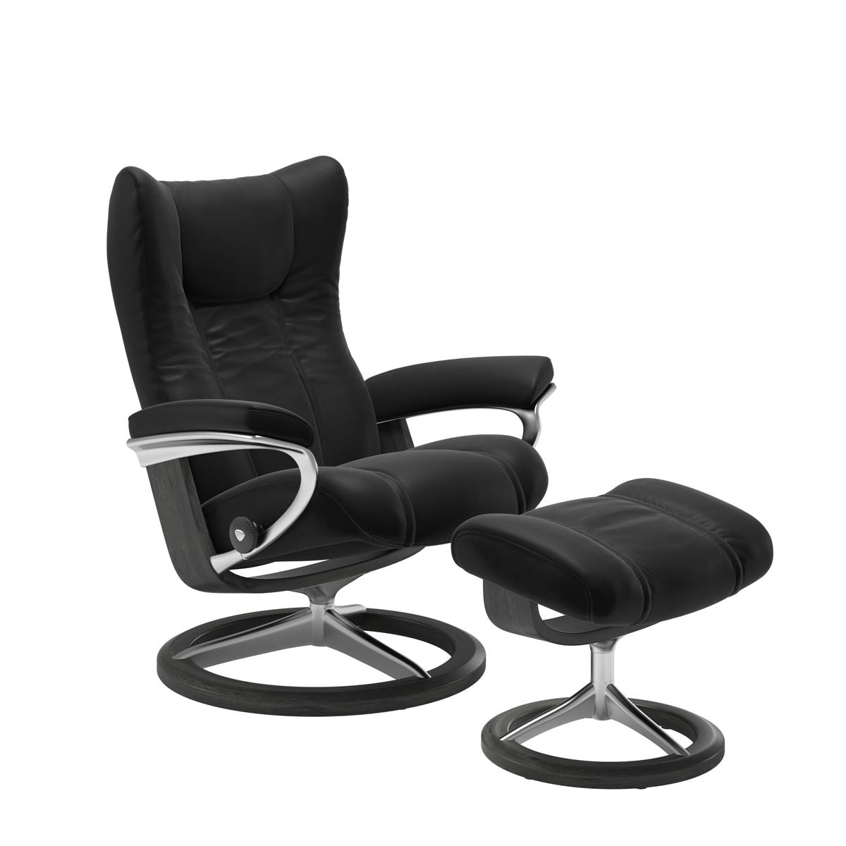 Modern reclining chair with matching ottoman, featuring black upholstery, black wood and metal accents. 