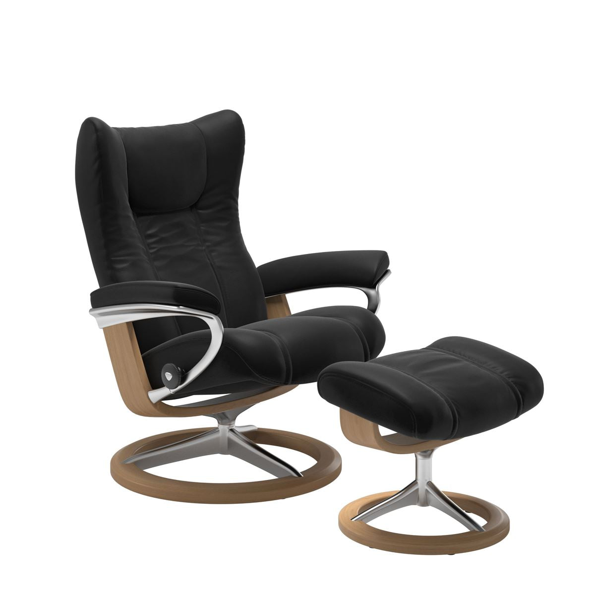 Stressless Wing Small Recliner in Paloma black and Ottoman with Classic Base in oak