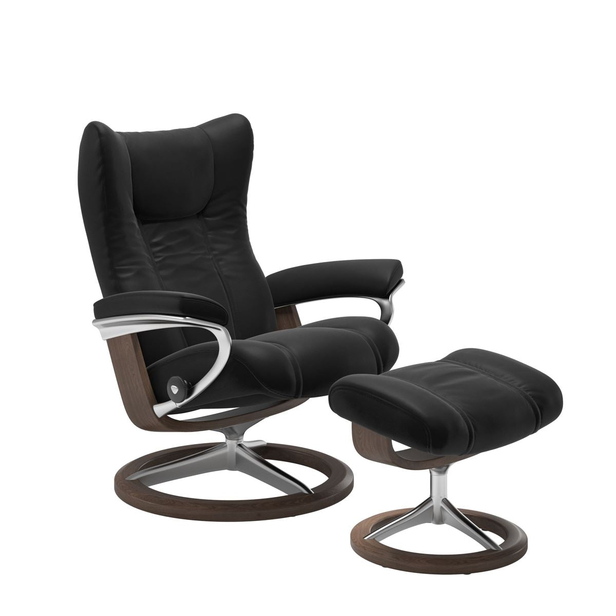 Modern reclining chair with matching ottoman, featuring black upholstery, walnut wood and metal accents. 