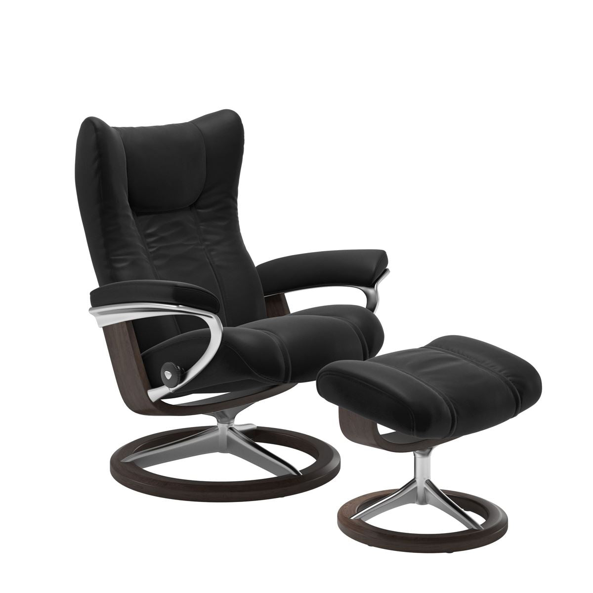 Modern reclining chair with matching ottoman, featuring black upholstery, wenge wood and metal accents. 