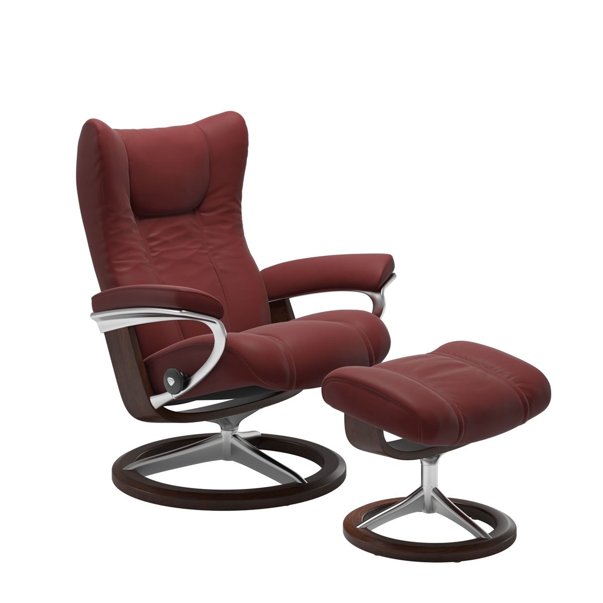 Modern reclining chair with matching ottoman, featuring cherry upholstery, brown wood and metal accents. 