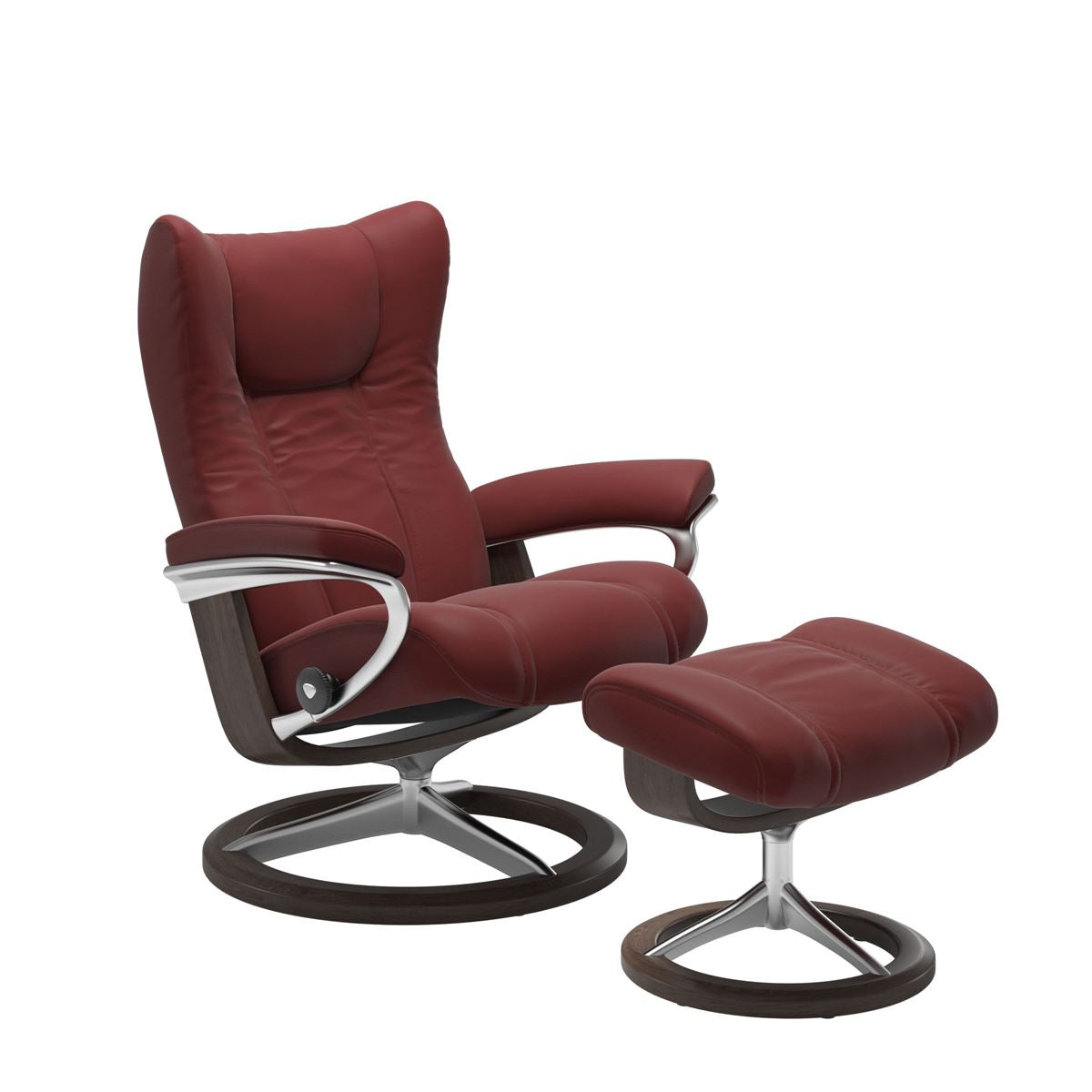 Modern reclining chair with matching ottoman, featuring cherry upholstery, wenge wood and metal accents. 
