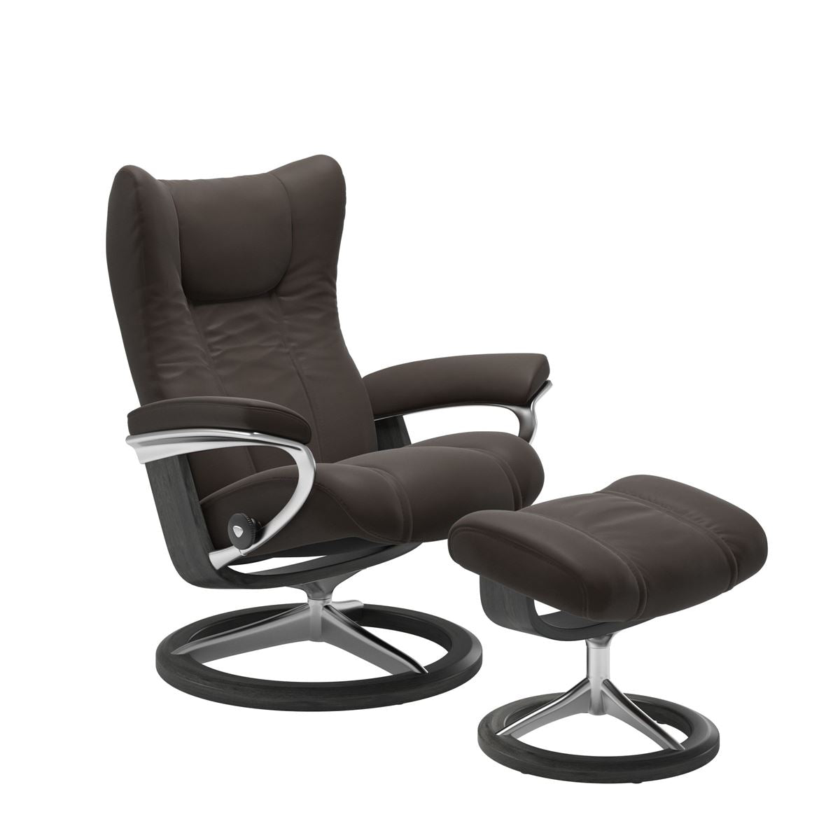 Modern reclining chair with matching ottoman, featuring chestnut upholstery, grey wood and metal accents. 