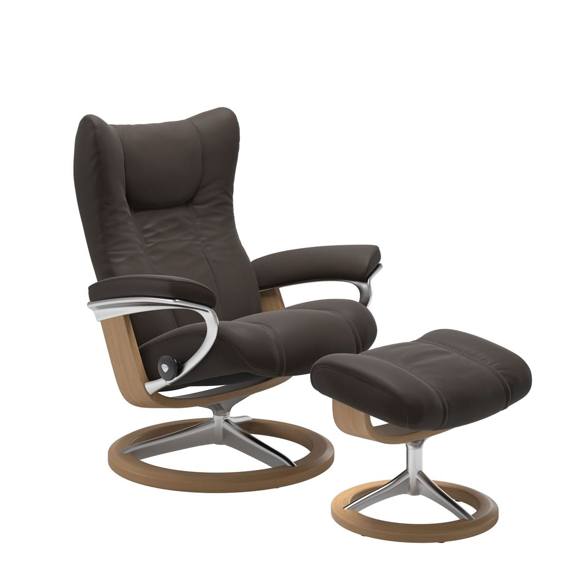 Modern reclining chair with matching ottoman, featuring chestnut upholstery, oak wood and metal accents. 