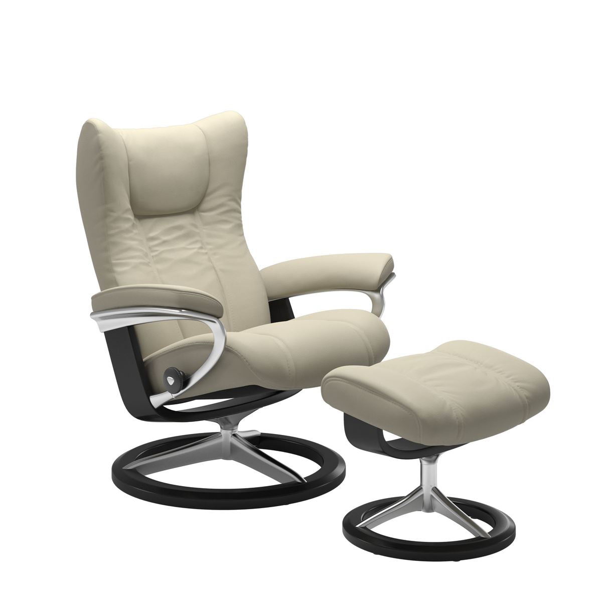 Modern reclining chair with matching ottoman, featuring light grey upholstery, black wood and metal accents. 