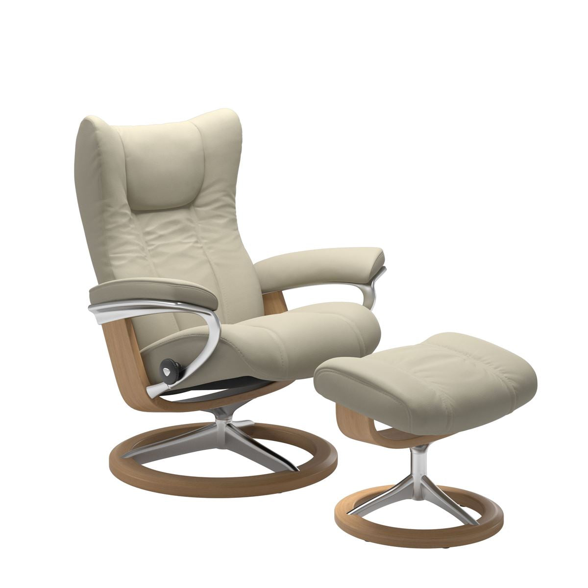Modern reclining chair with matching ottoman, featuring light grey upholstery, oak wood and metal accents. 