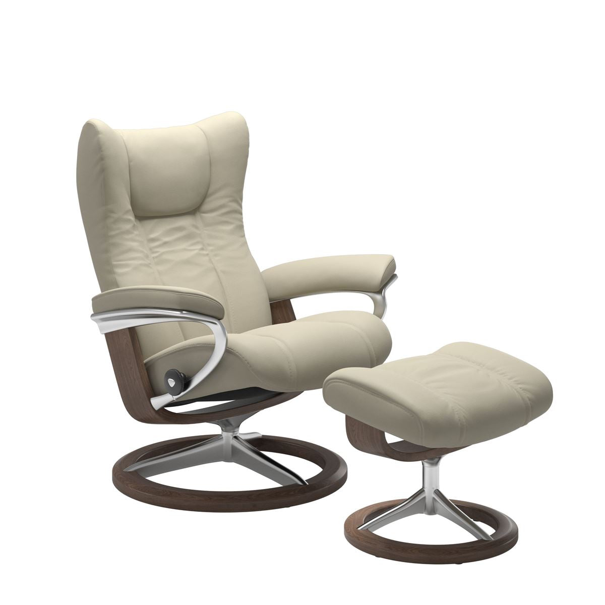 Modern reclining chair with matching ottoman, featuring light grey upholstery, walnut wood and metal accents. 