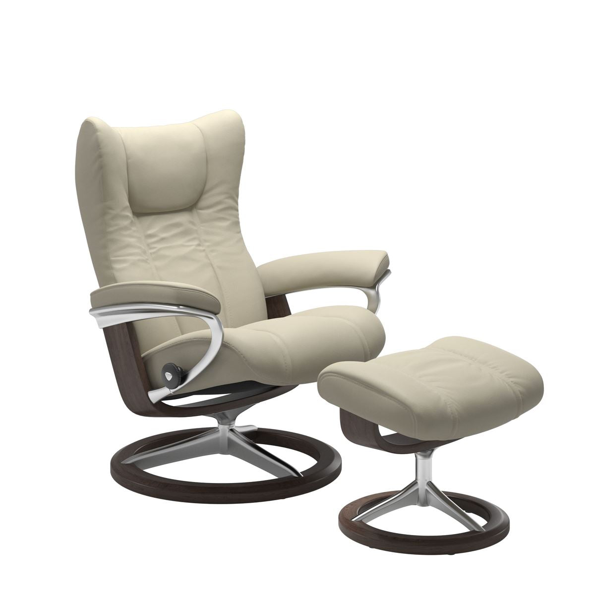 Modern reclining chair with matching ottoman, featuring light wenge upholstery, black wood and metal accents. 