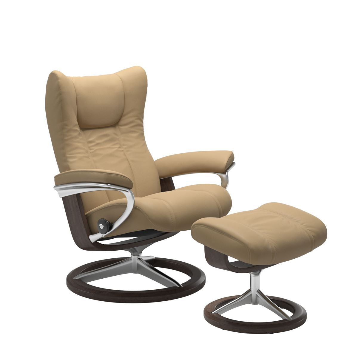Modern reclining chair with matching ottoman, featuring sand colored upholstery,  wenge wood and metal accents. 