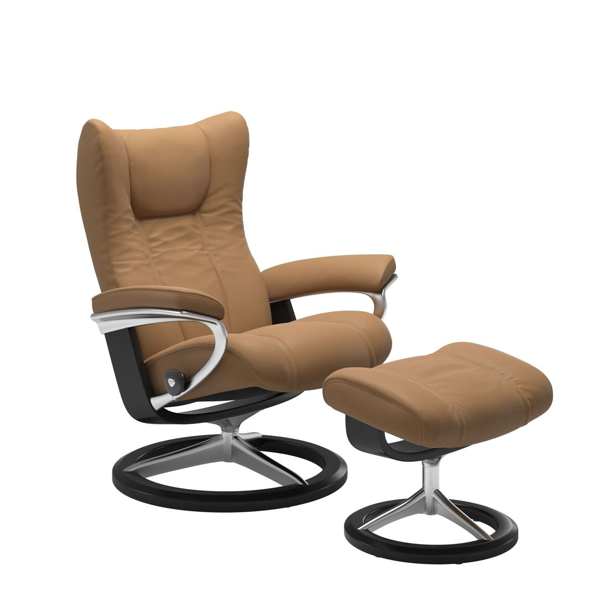 Modern reclining chair with matching ottoman, featuring taupe upholstery, black wood and metal accents. 