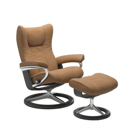 Stressless Wing Small Recliner in Paloma taupe and Ottoman with Classic Base in grey