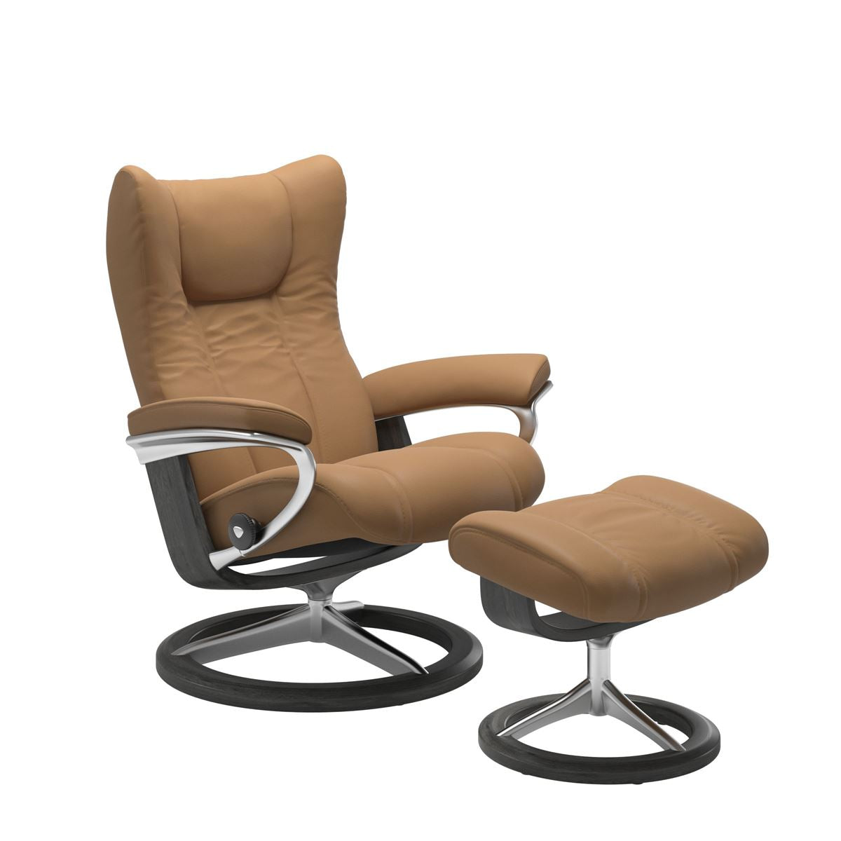 Modern reclining chair with matching ottoman, featuring taupe upholstery, grey wood and metal accents. 