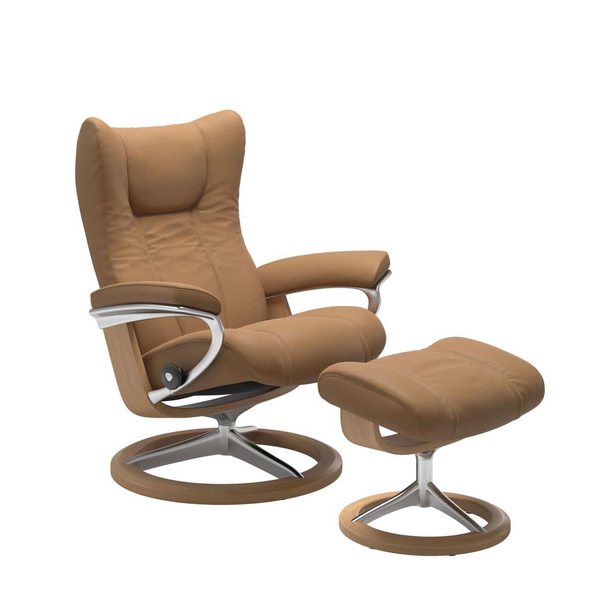 Modern reclining chair with matching ottoman, featuring taupe colored upholstery,  oak wood and metal accents. 