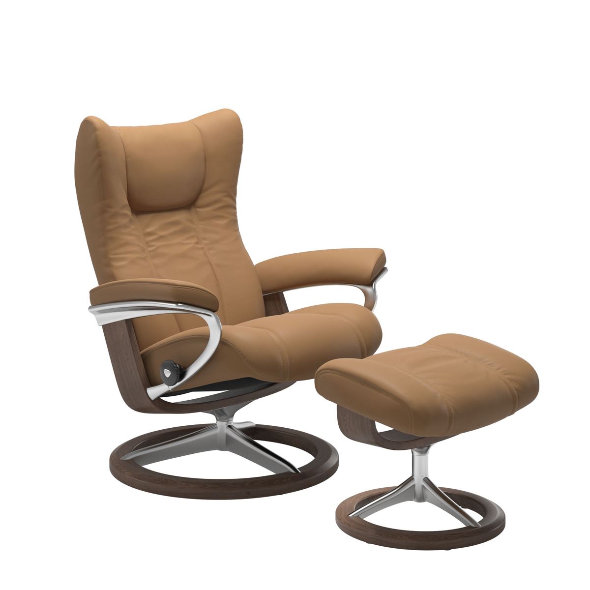 Modern reclining chair with matching ottoman, featuring taupe upholstery, walnut wood and metal accents. 