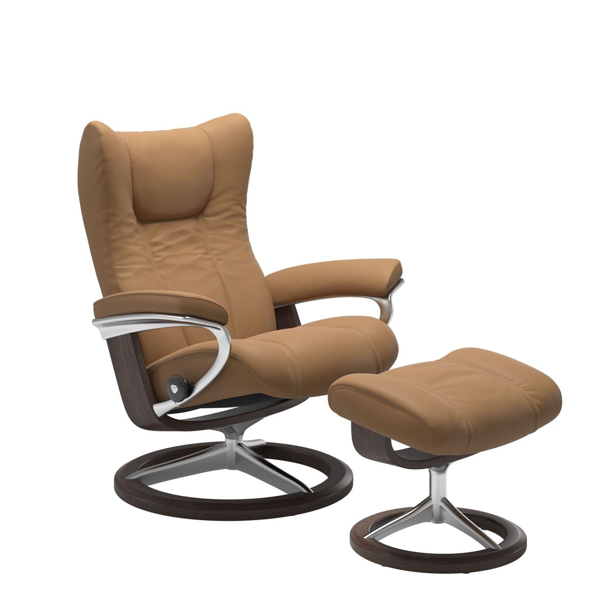 Modern reclining chair with matching ottoman, featuring taupe colored upholstery, wenge wood and metal accents. 