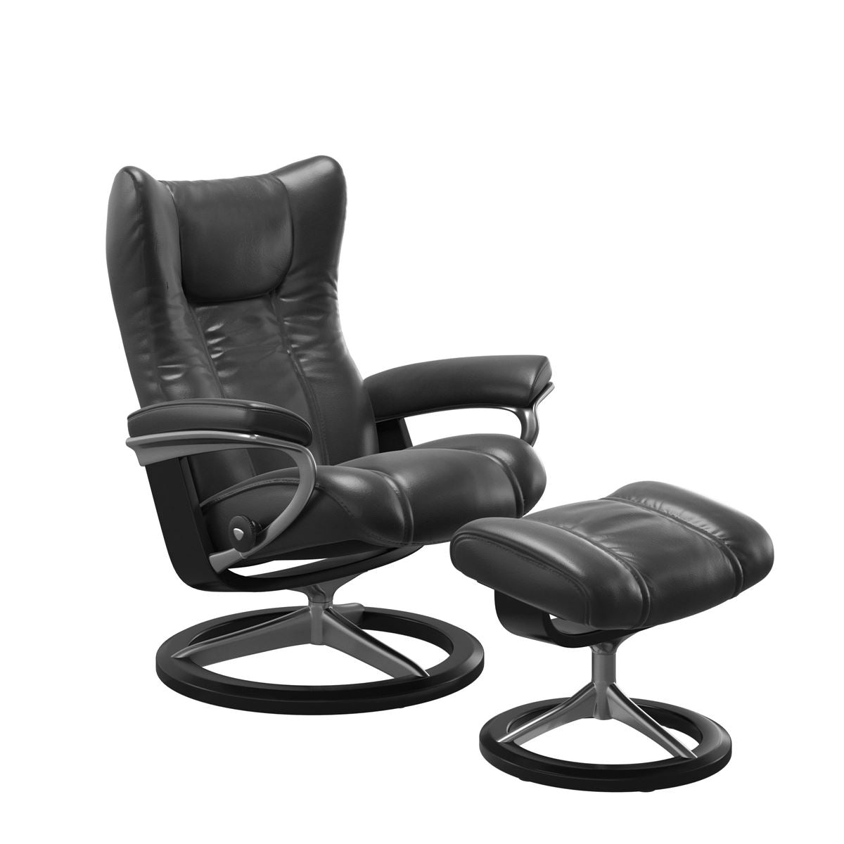 Stressless Wing Small Recliner in pioneer black and Ottoman with Classic Base in black