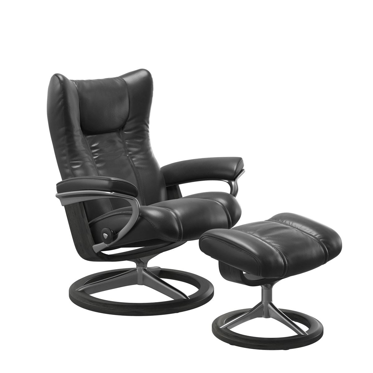 Stressless Wing Small Recliner in pioneer black and Ottoman with Classic Base in grey