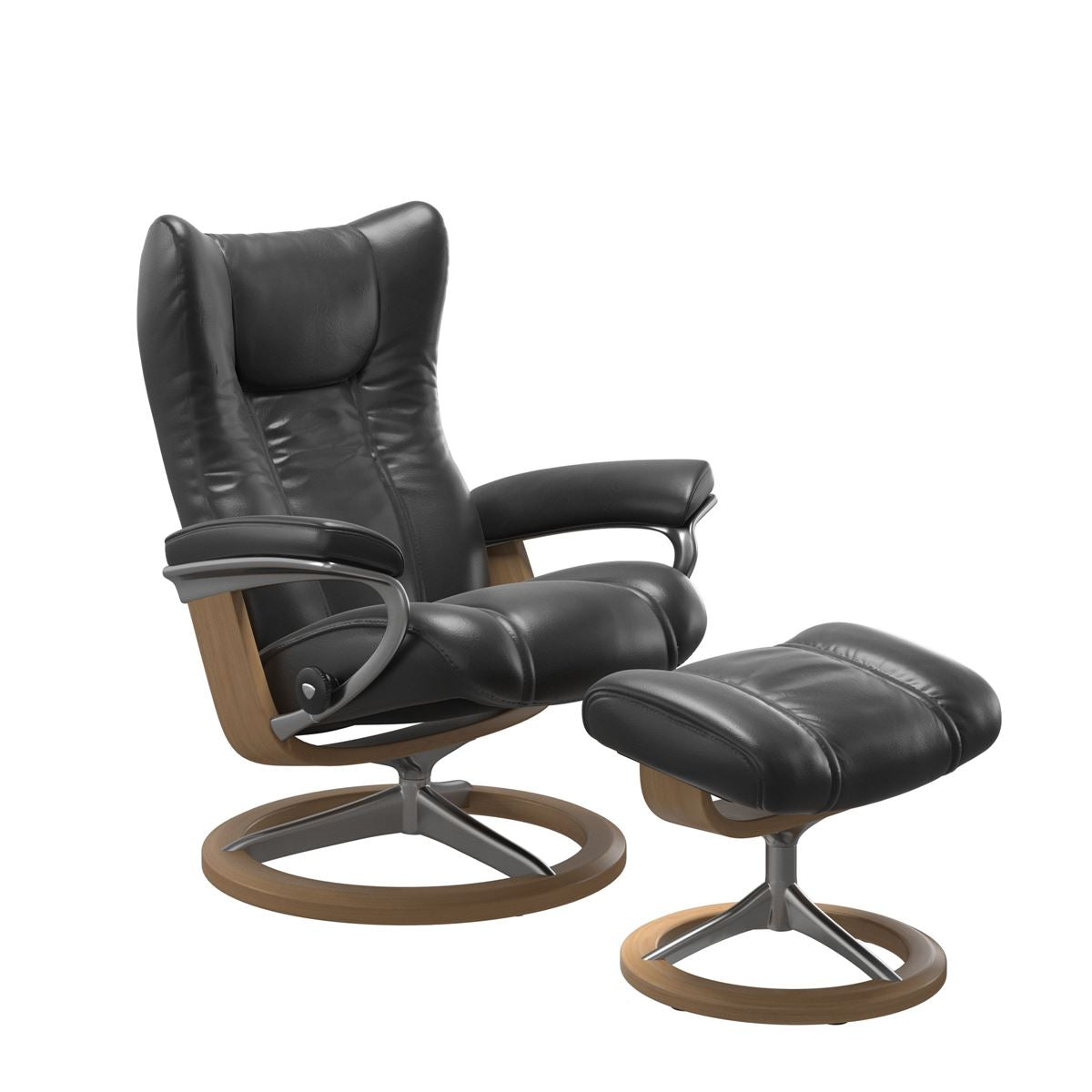 Stressless Wing Small Recliner in pioneer black and Ottoman with Classic Base in oak