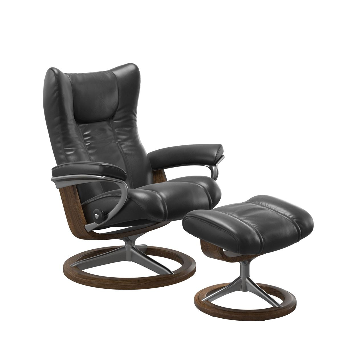 Stressless Wing Small Recliner in pioneer black and Ottoman with Classic Base in teak