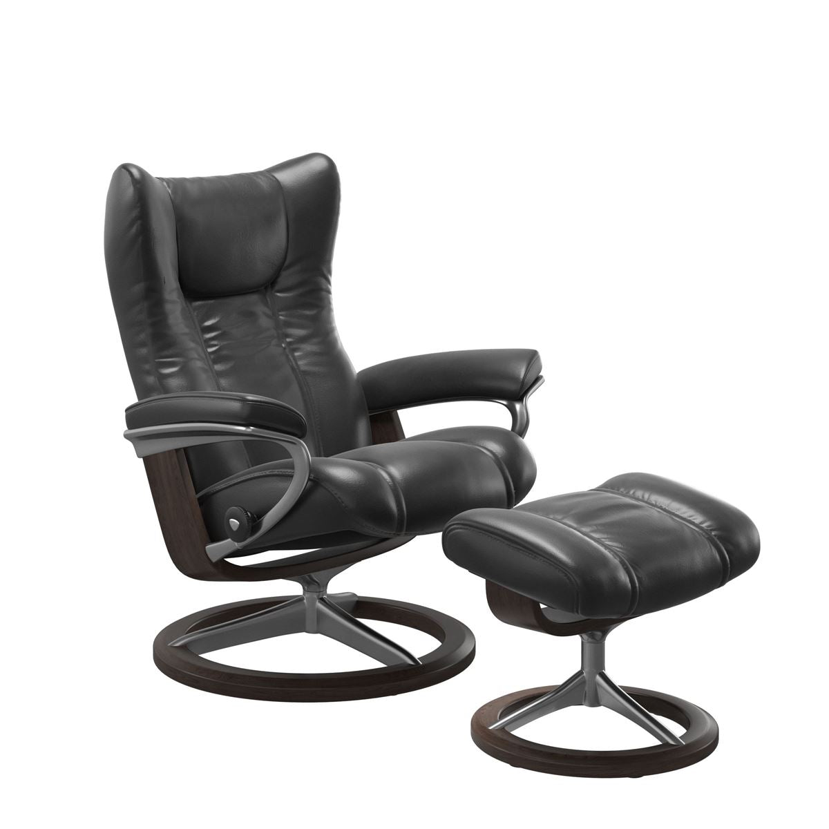 Stressless Wing Small Recliner in pioneer black and Ottoman with Classic Base in wenge