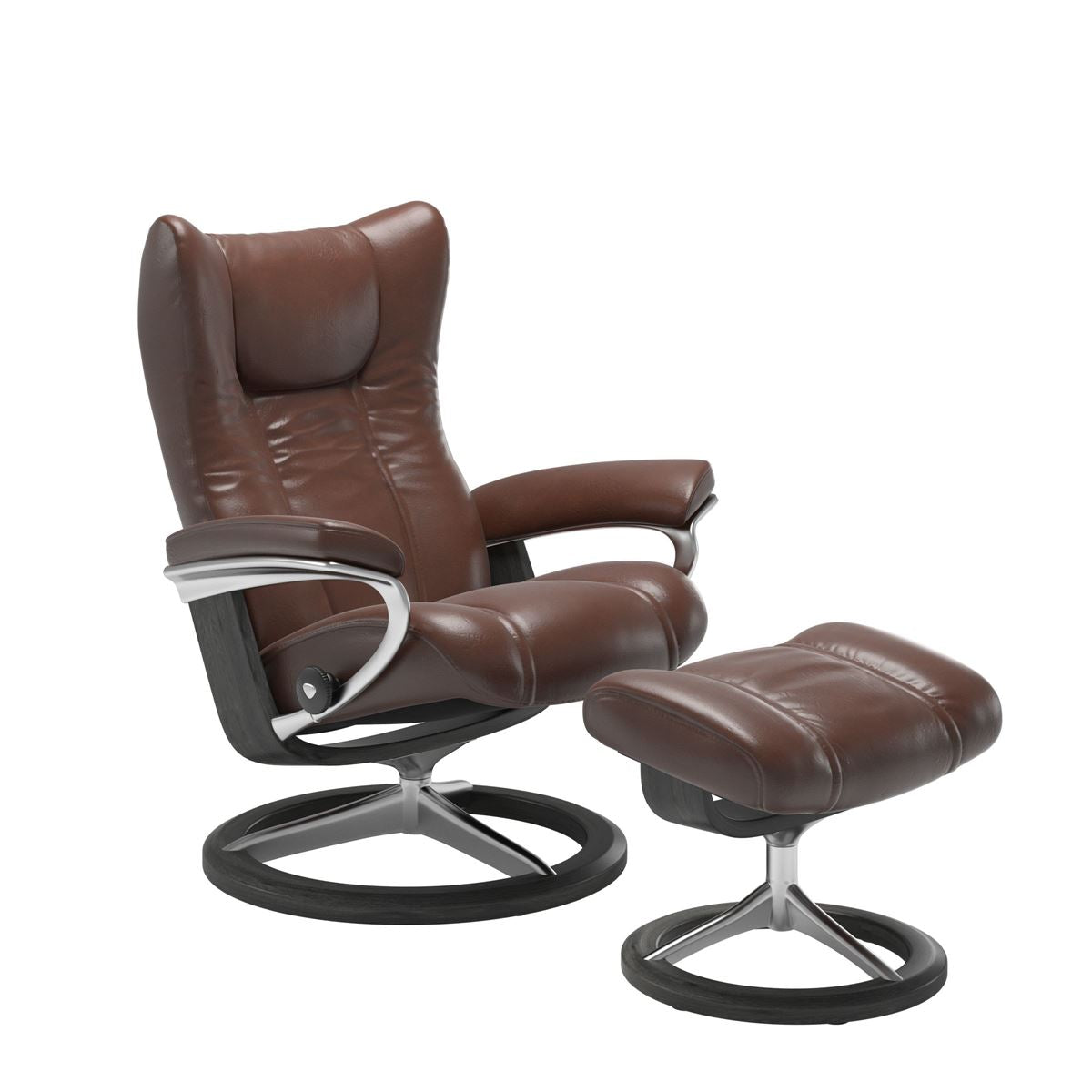 Stressless Wing Small Recliner in pioneer dark brown and Ottoman with Classic Base in grey