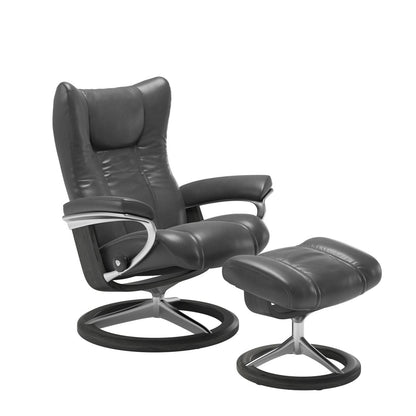 Stressless Wing Small Recliner in pioneer grey and Ottoman with Classic Base in grey