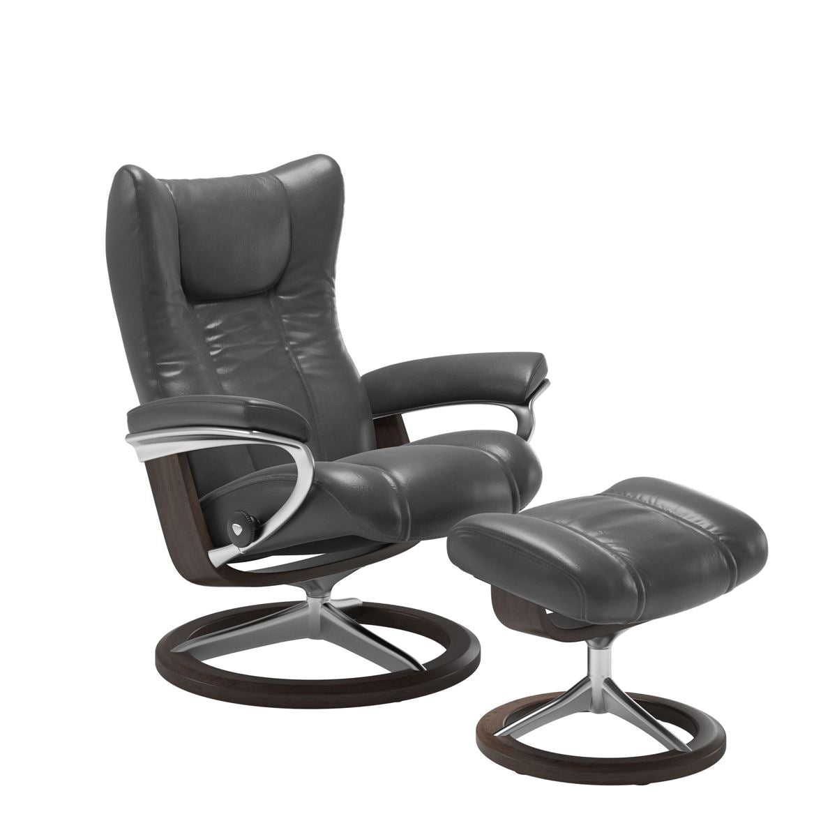 Stressless Wing Small Recliner in pioneer grey and Ottoman with Classic Base in wenge