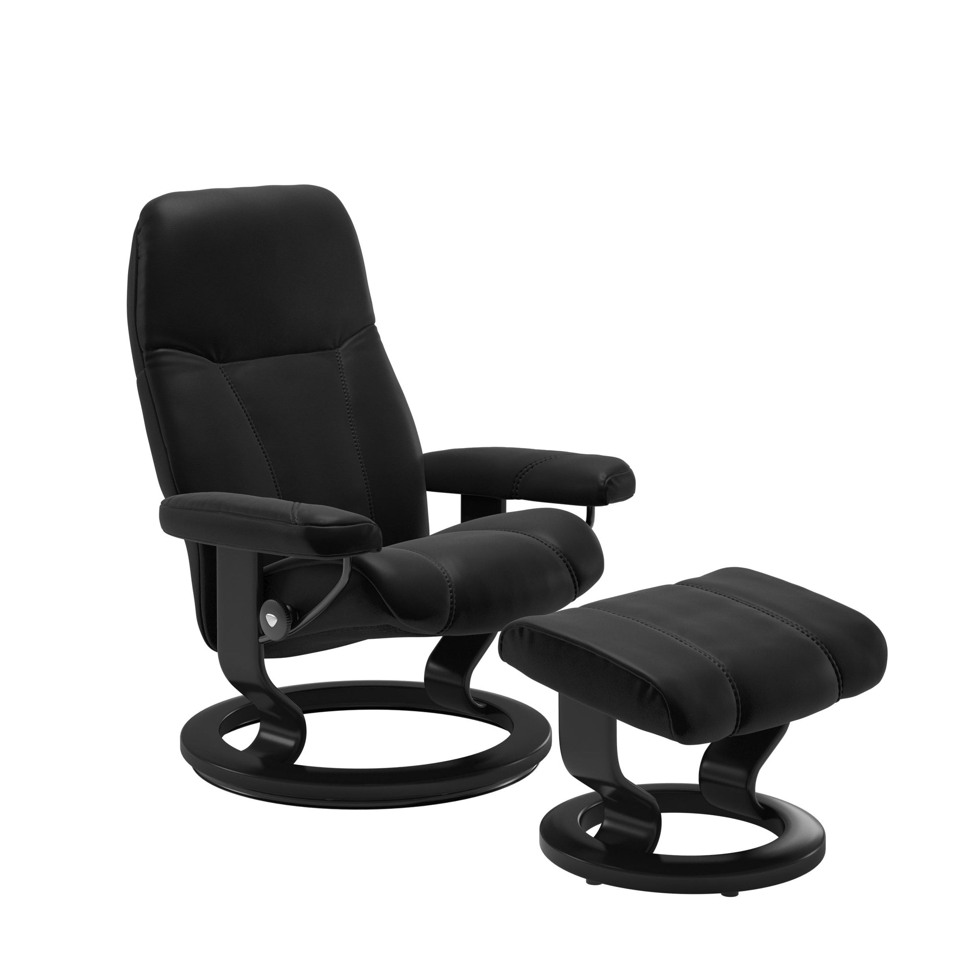 Front view of Stressless Consul Small Recliner and Ottoman in Black with Classic Black Base