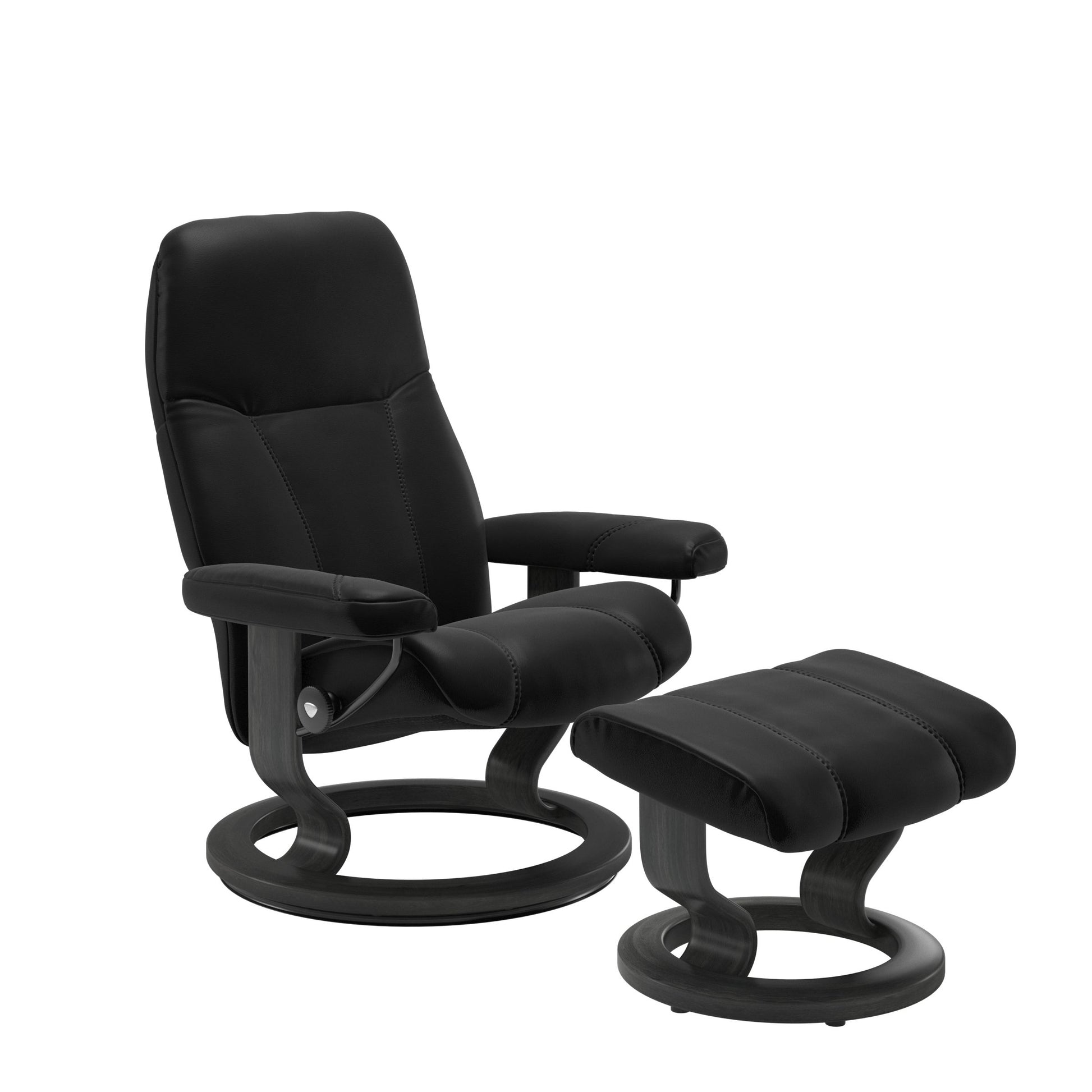 Front view of Stressless Consul Small Recliner and Ottoman in Black with Classic Grey Base