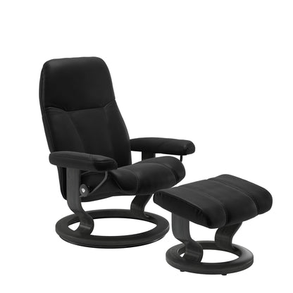Front view of Stressless Consul Large Recliner and Ottoman in Black with Classic Grey Base