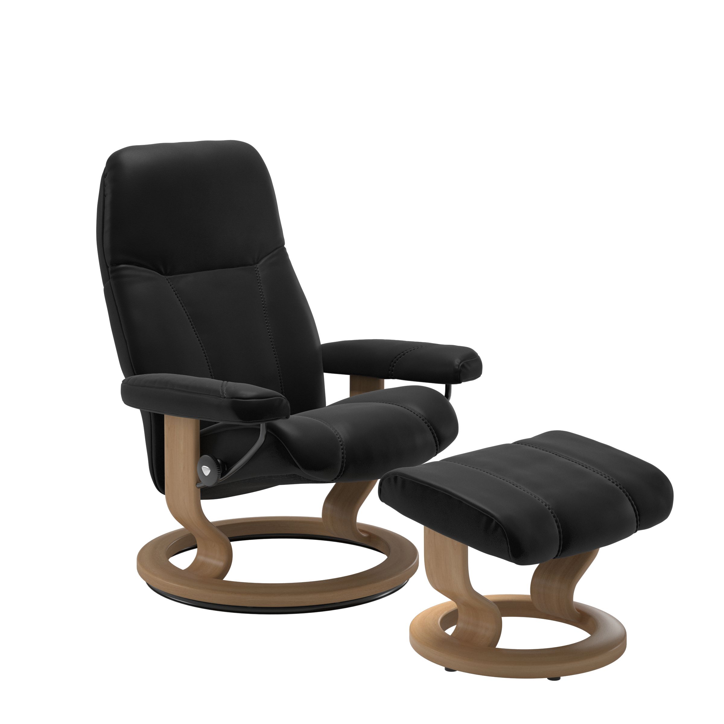 Front view of Stressless Consul Large Recliner and Ottoman in Black with Classic Oak Base