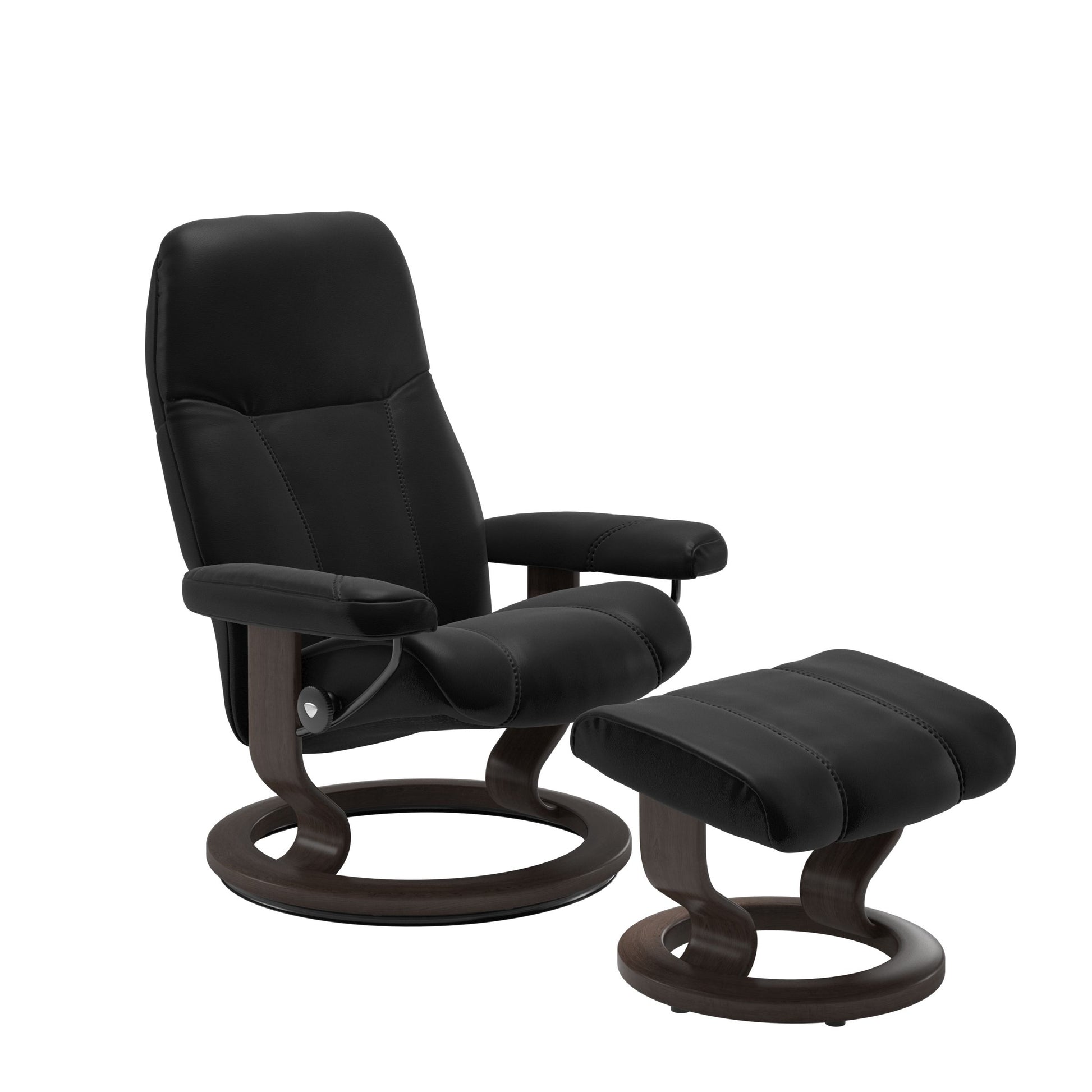 Front view of Stressless Consul Small Recliner and Ottoman in Black with Classic Wenge Base