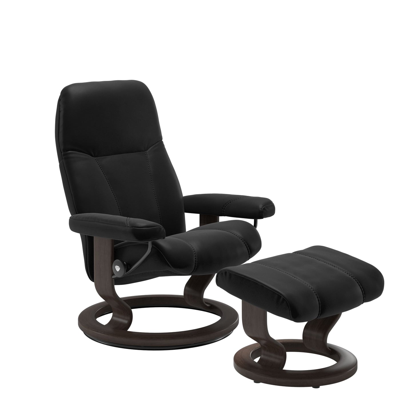 Front view of Stressless Consul Medium Recliner and Ottoman in Black with Classic Wenge Base