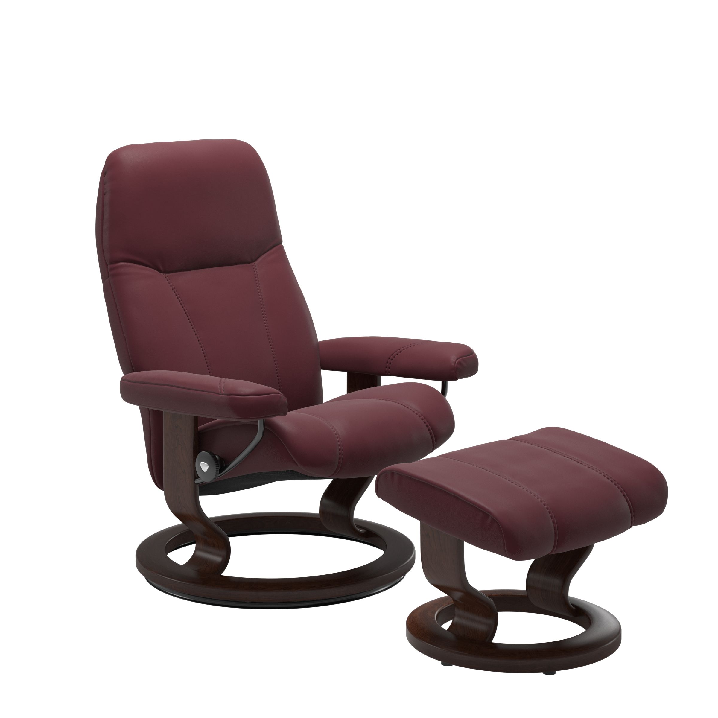 Front view of Stressless Consul Large Recliner and Ottoman in Batick Bordeaux with Classic Brown Base