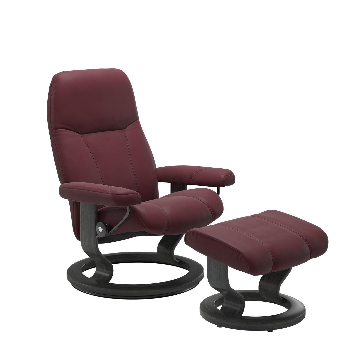 Front view of Stressless Consul Large Recliner and Ottoman in Batick Bordeaux with Classic Grey Base
